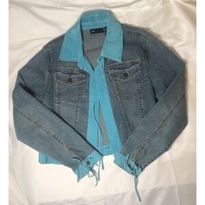VTG Relativity Women's Blue Jean Jacket w/Tie Front Leather Details - SZ L